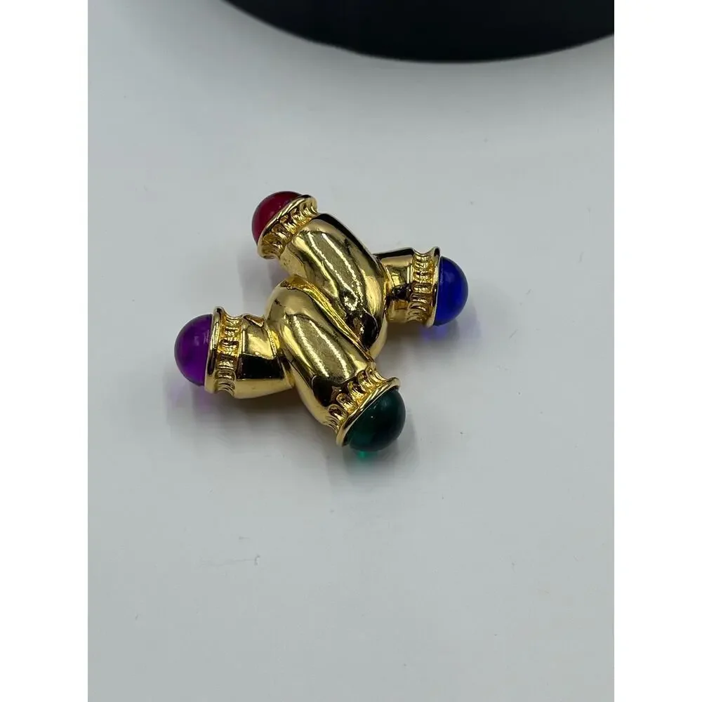 IVANA Signed Vintage Gold W/ Multicolored Cabochons Gripoix Style‎ Brooch